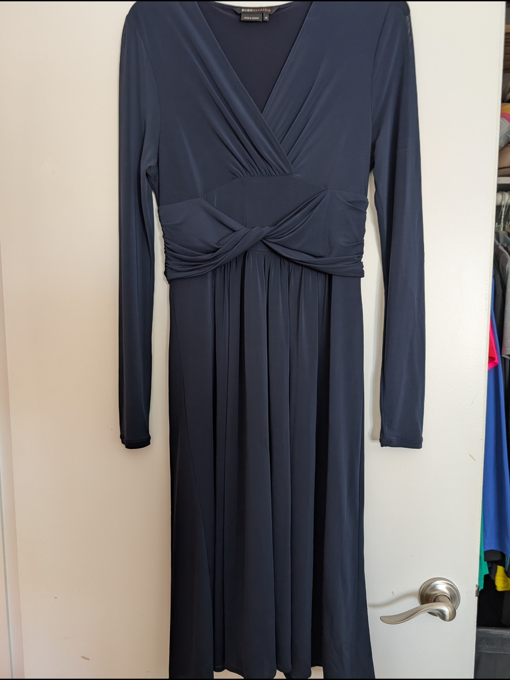 Deep Navy Long-Sleeve Twist-Waist Midi Dress